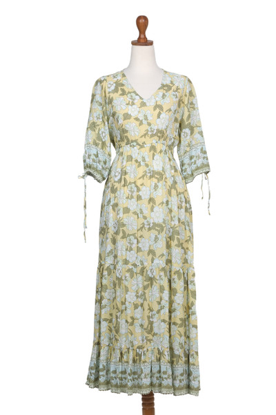 Rayon Batik Maxi Dress with Floral Pattern Crafted in Bali