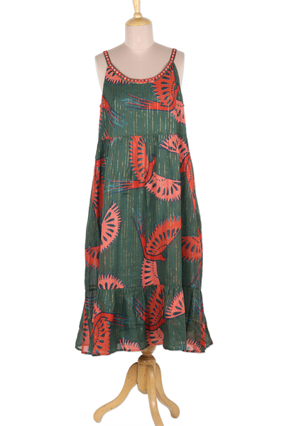 Cotton Blend Sundress with Parrot Print and Mirror Sequins