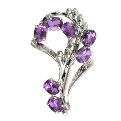 Indian Sterling Silver Brooch Pin With 7 Amethysts