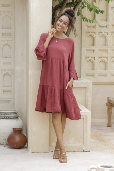 Double-Gauze Cotton Tunic Dress in a Cranberry Hue