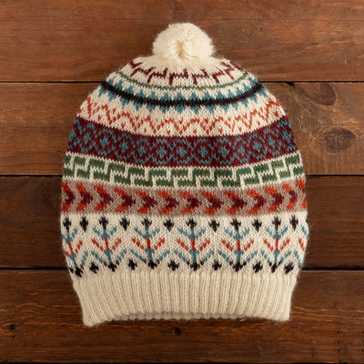 Traditional Knit Ivory Alpaca Hat from the Andes