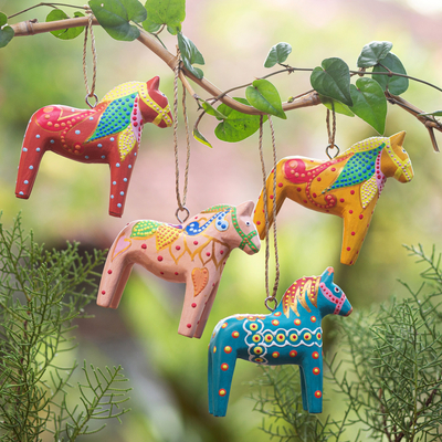 Set of 4 Artisan-Painted Christmas Horse Ornaments