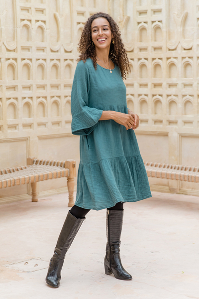 Double-Gauze Cotton Tunic Dress in a Teal Hue from Thailand