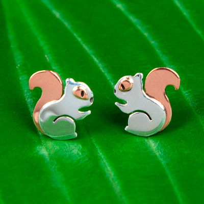 Sterling Silver and Copper Accented Squirrel Stud Earrings