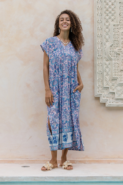 Blue and Turquoise Floral Cotton Empire Waist Maxi Dress