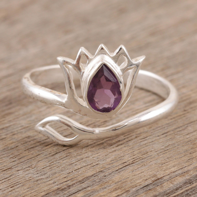 Amethyst and Sterling Silver Lotus Wrap Ring from India