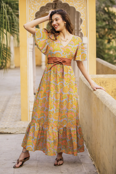 Flutter Sleeve Chartreuse and Cerulean Cotton Maxi Dress