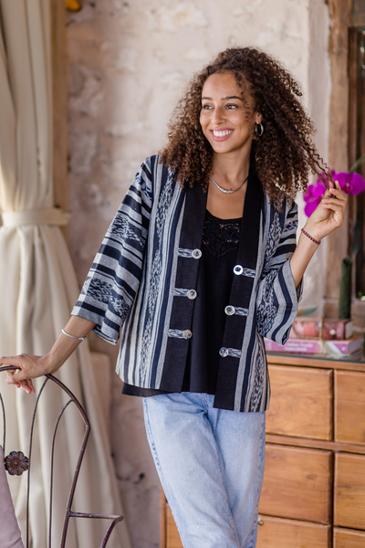 Hand-Woven Ikat Cotton Jacket with Buttons in Grey & Black