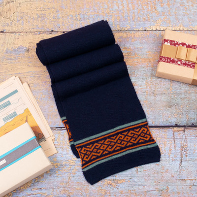 Knit Classic Indigo and Orange 100% Baby Alpaca Scarf