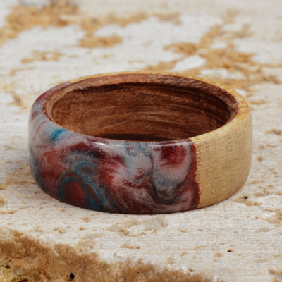 Hand-Carved Apricot Wood Band Ring in Blue and Red Hues