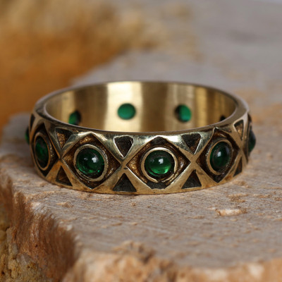Brass Band Ring with Criss-Cross Design and Green Crystals