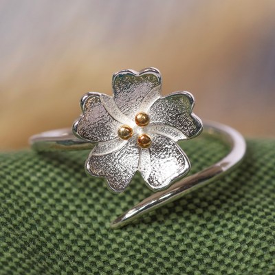 Spring-Themed Sterling Silver Wrap Ring with Golden Dots
