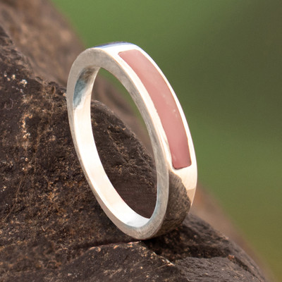 Modern Polished Silver Band Ring with Inlaid Rose Quartz Gem