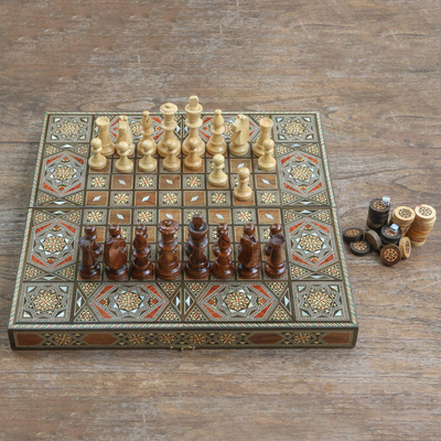 Wood Chess and Backgammon Set with Mother of Pearl