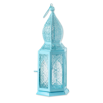 Large Blue Hanging Lantern with Decorative Glass