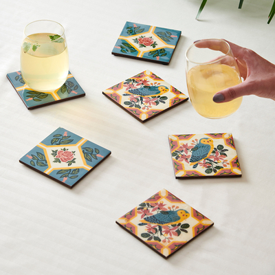 Set of 6 Hand Painted Colorful Wood Coasters from India