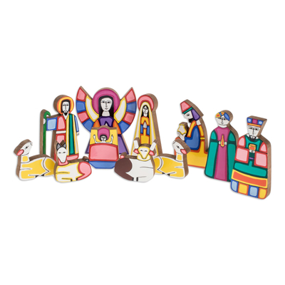 Handmade Religious Wood Nativity Scene Sculpture (11 Pieces)