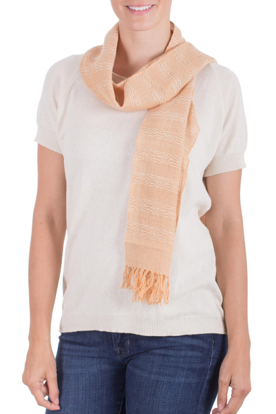 Handcrafted Peach Beige Cotton Patterned Scarf from NOVICA