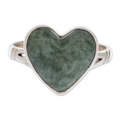 Unique Heart Shaped Sterling Silver Jade Cocktail Ring