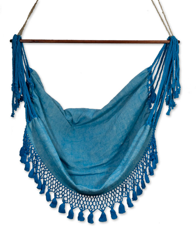 Handmade Teal Blue Cotton Swing Hammock Chair with Fringe
