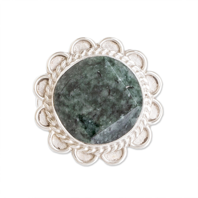 Handcrafted Dark Green Jade and Silver Cocktail Ring