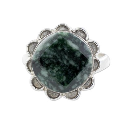 Handcrafted Dark Green Jade and Silver Floral Ring
