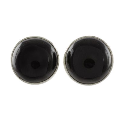 Round Black Jade Button Earrings on Sterling Silver