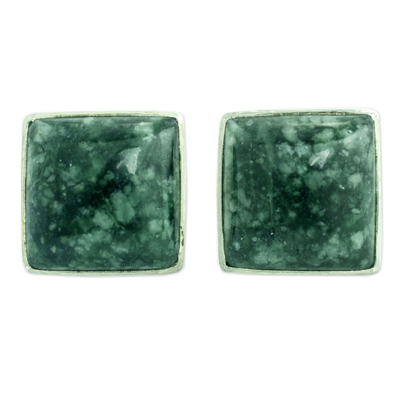 Classic Silver Button Earrings with Green Maya Jade