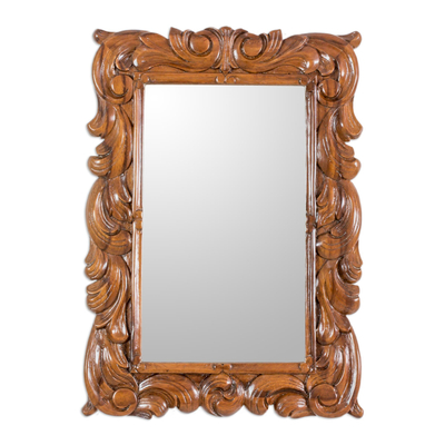 Guatemalan Artisan Crafted Carved Wood Wall Mirror