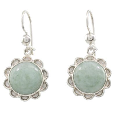 Sterling Silver Flower Earrings with Light Green Jade