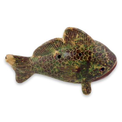Hand Crafted Brown Green Ceramic Fish Ocarina Flute
