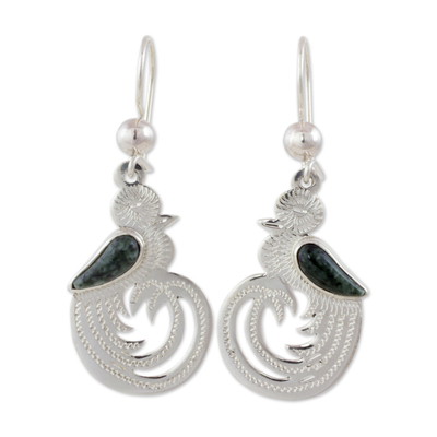 Dark Green Jade on Handmade Sterling Silver Bird Earrings