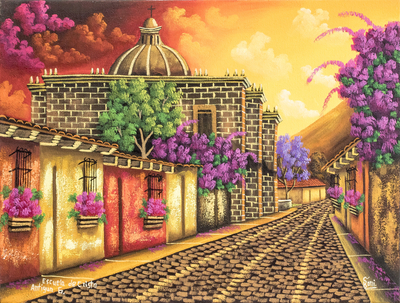 Sunset Tone Signed Painting of a Church in Guatemala