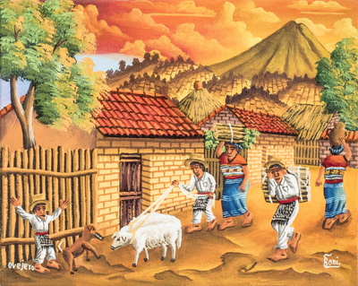 Oil Painting of a Village in Guatemala at Sunset