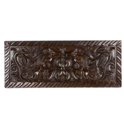 Artisan Crafted Wood Relief Panel with Lion Motif