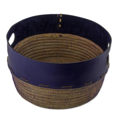Artisan Crafted Blue Leather and Pine Decorative Basket