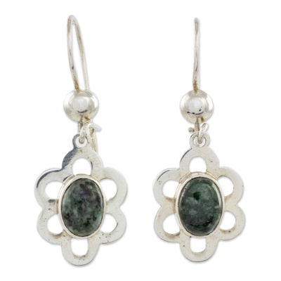 Sterling Silver Floral Dangle Earrings with Dark Green Jade
