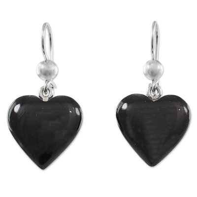 Black Heart Shaped Jade Silver Dangle Earrings Guatemala