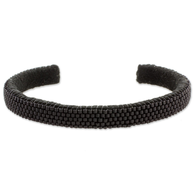 Glass Beaded Cuff Bracelet in Solid Black from El Salvador