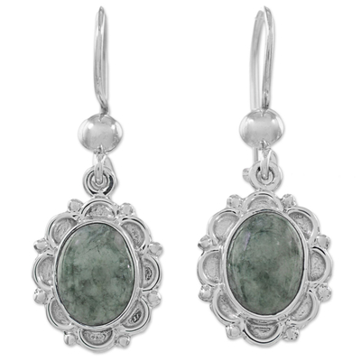 Jade Sterling Silver Oval Shape Dangle Earrings Guatemala