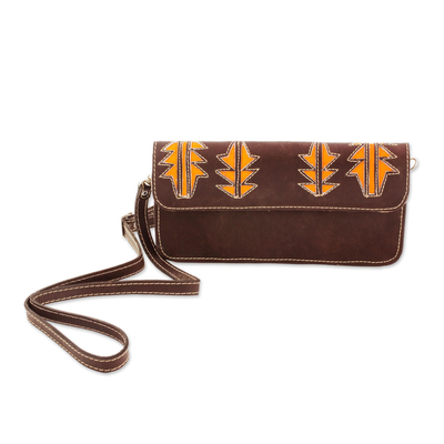 Brown and Saffron Leather Sling Style Handbag