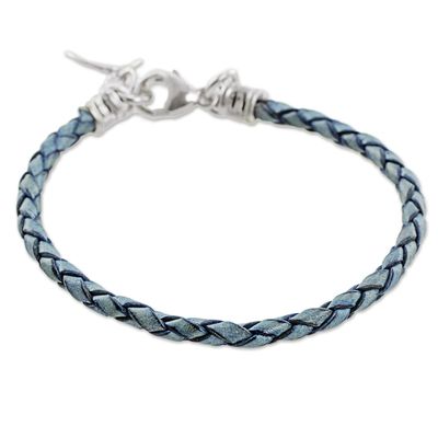 999 Silver Blue Leather Charm Wristband Bracelet Guatemala
