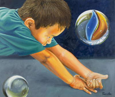 Original Signed Oil Portrait of a Boy Playing Marbles