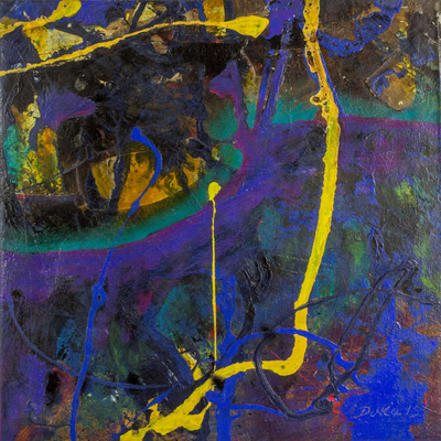Blue and Violet Abstract Painting with Yellow Accents