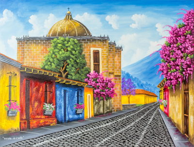 Signed Painting of a Guatemalan Street in Jewel Colors