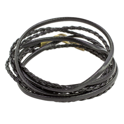 Braided Leather Wrap Bracelet in Black from Guatemala