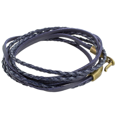 Handcrafted Navy Blue Leather Braided Extra Long Wrap Bracelet