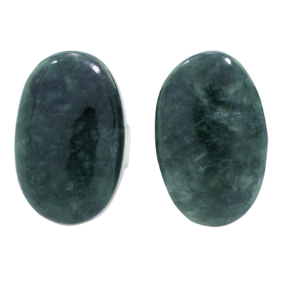Dark Green Jade Oval Button Earrings from Guatemala
