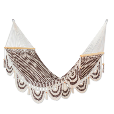 Fair Trade White Brown Cotton Striped Hammock with Fringe and Spreaders