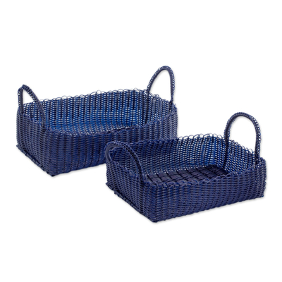 Pair of Handwoven Navy Baskets from Guatemala